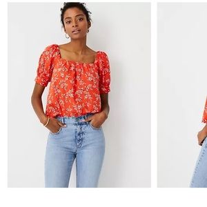 Ann Taylor Floral Square Neck Puff Sleeve Top